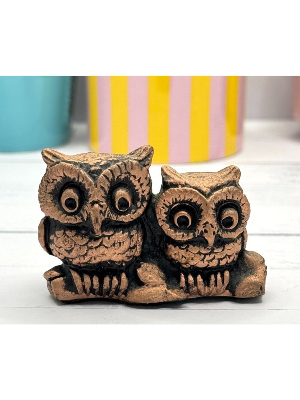 Vintage Coppercraft Guild Double Owl Figurine 1960s Retro Home Decor